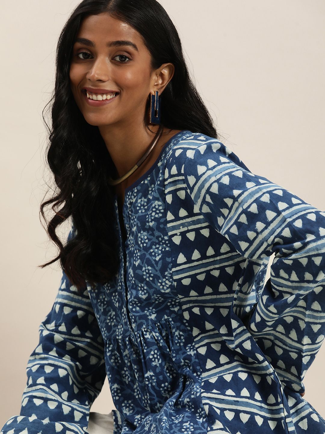 Taavi Women Indigo & White Indigo Print Pure Cotton Casual Peplum Top