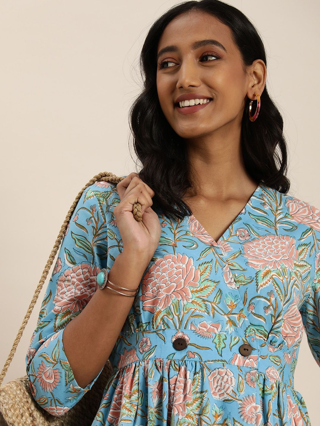 Taavi Women Blue & Peach-Coloured Ethnic Motifs Block Print Casual Maxi Dress Price in India