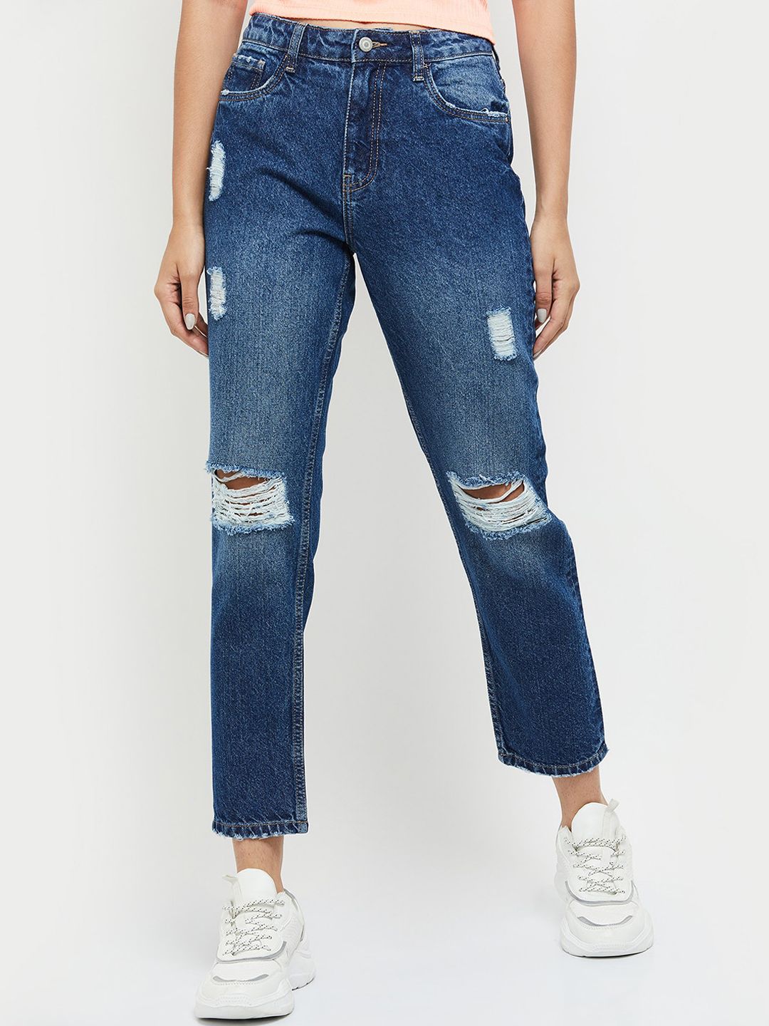 max Women Blue Mildly Distressed Light Fade Jeans Price in India