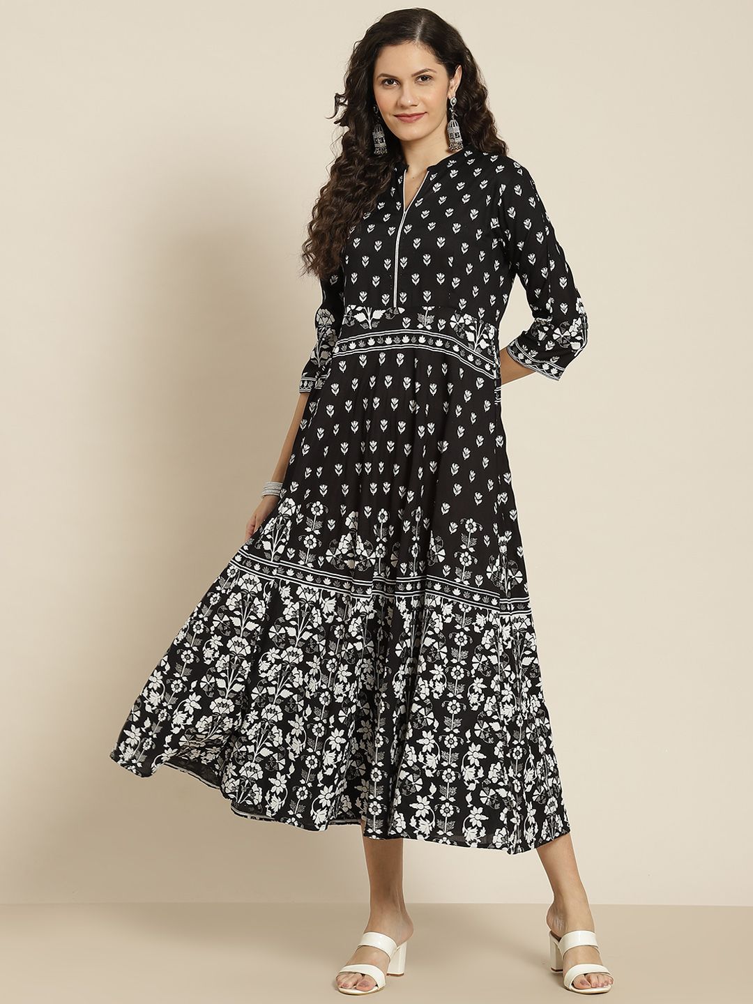 Juniper Black & White Ethnic Motifs Ethnic A-Line Midi Dress Price in India