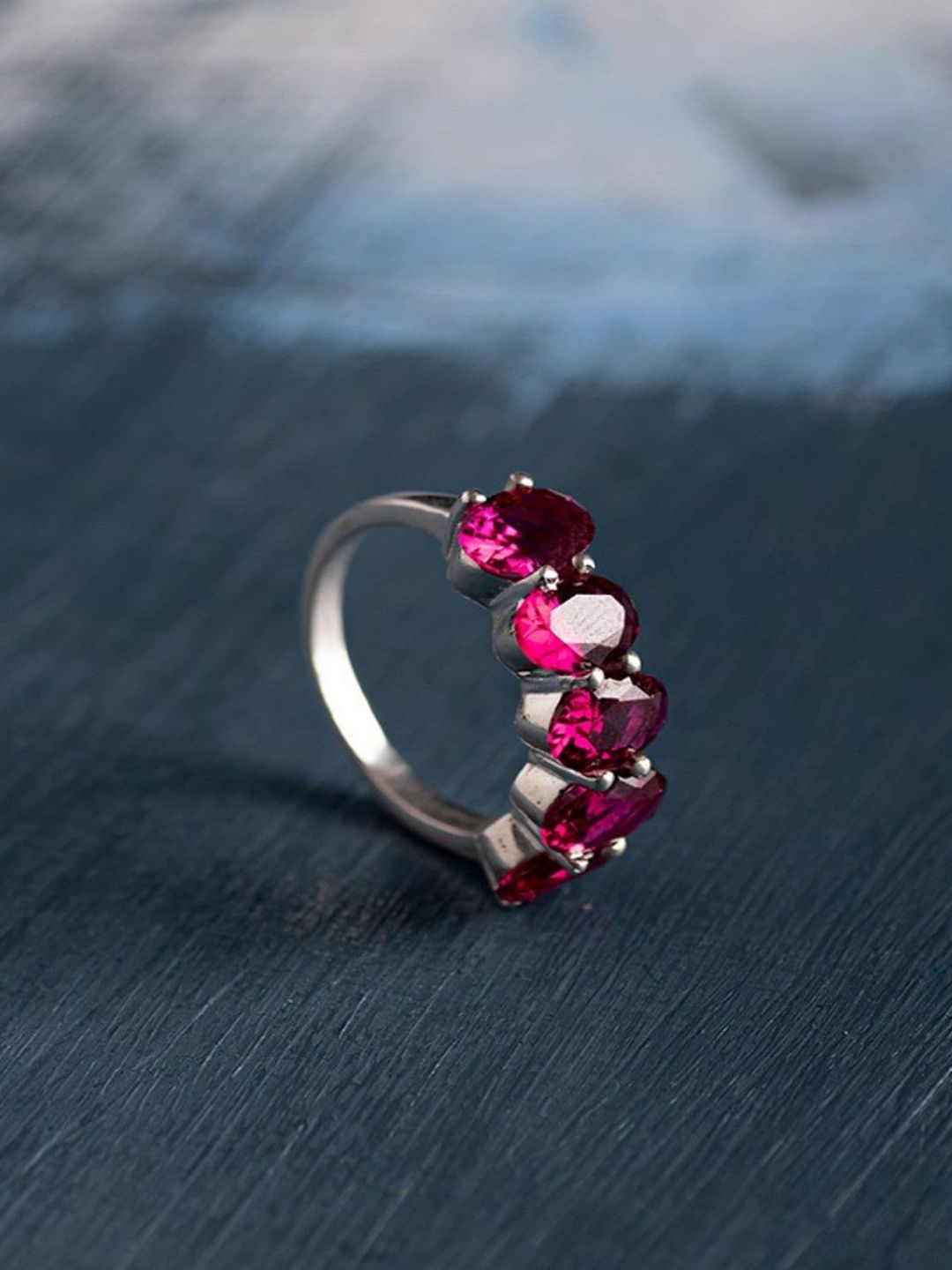Hiara Jewels 925 Sterling Silver-Plated Pink AD Studded Finger Ring Price in India