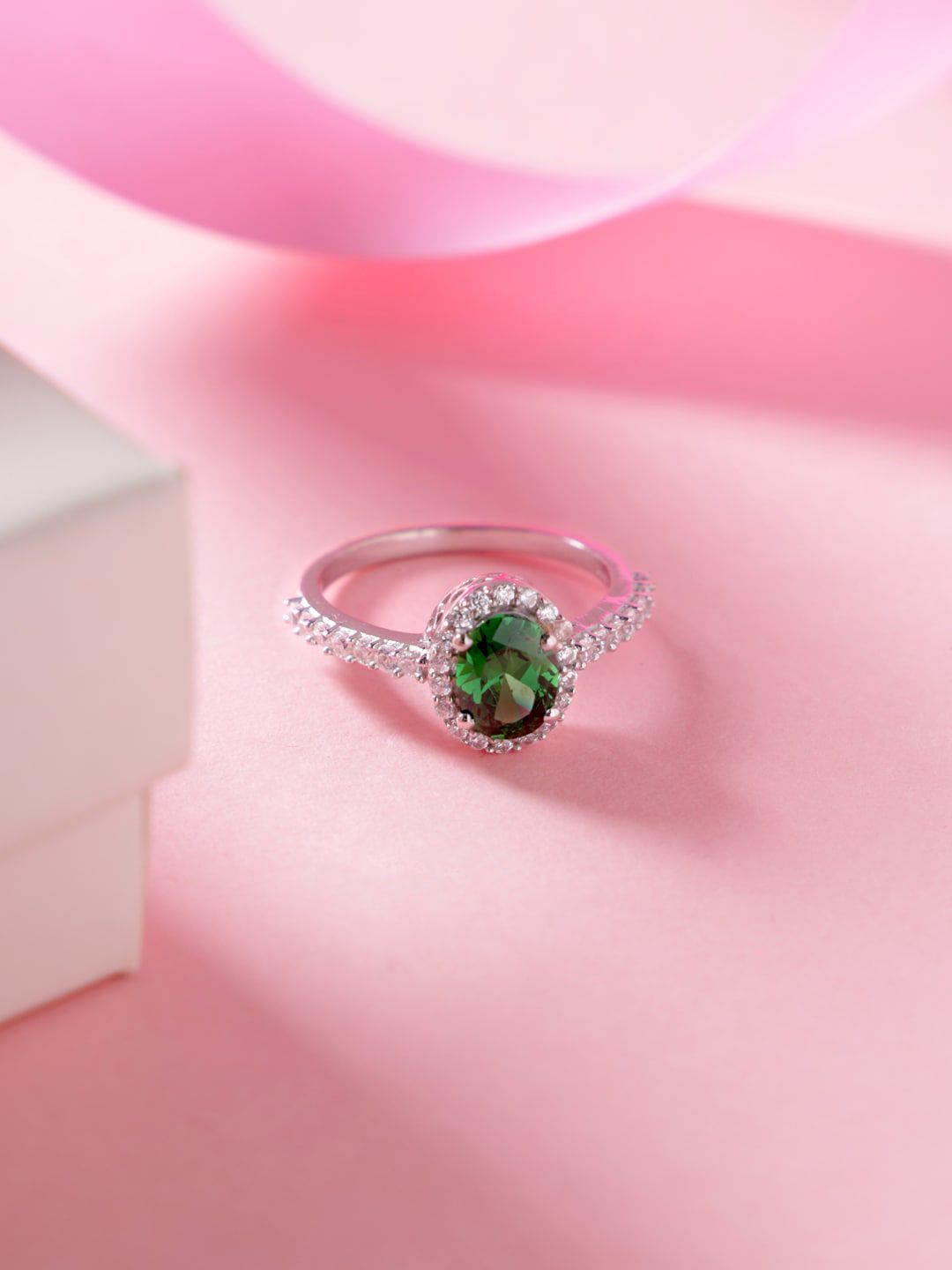 Hiara Jewels Green Rhodium-Plated 92.5 Sterling Silver CZ-Studded Finger Ring Price in India