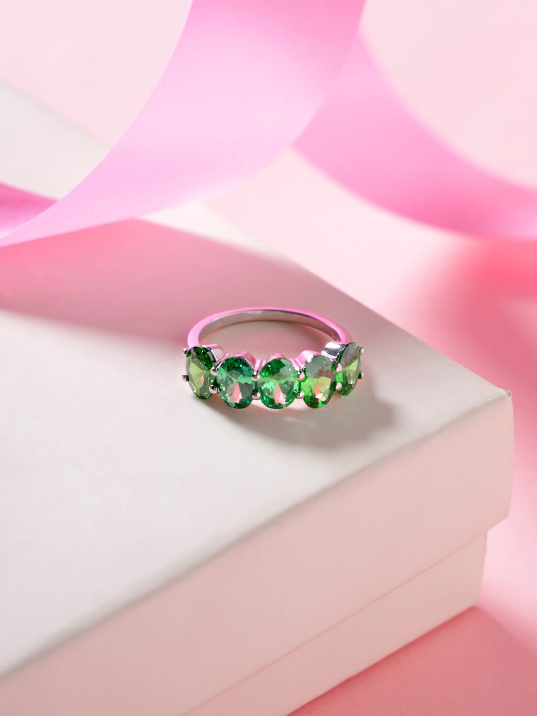 Hiara Jewels Sterling Silver Rhodium-Plated Green CZ Stone Studded Finger Ring Price in India