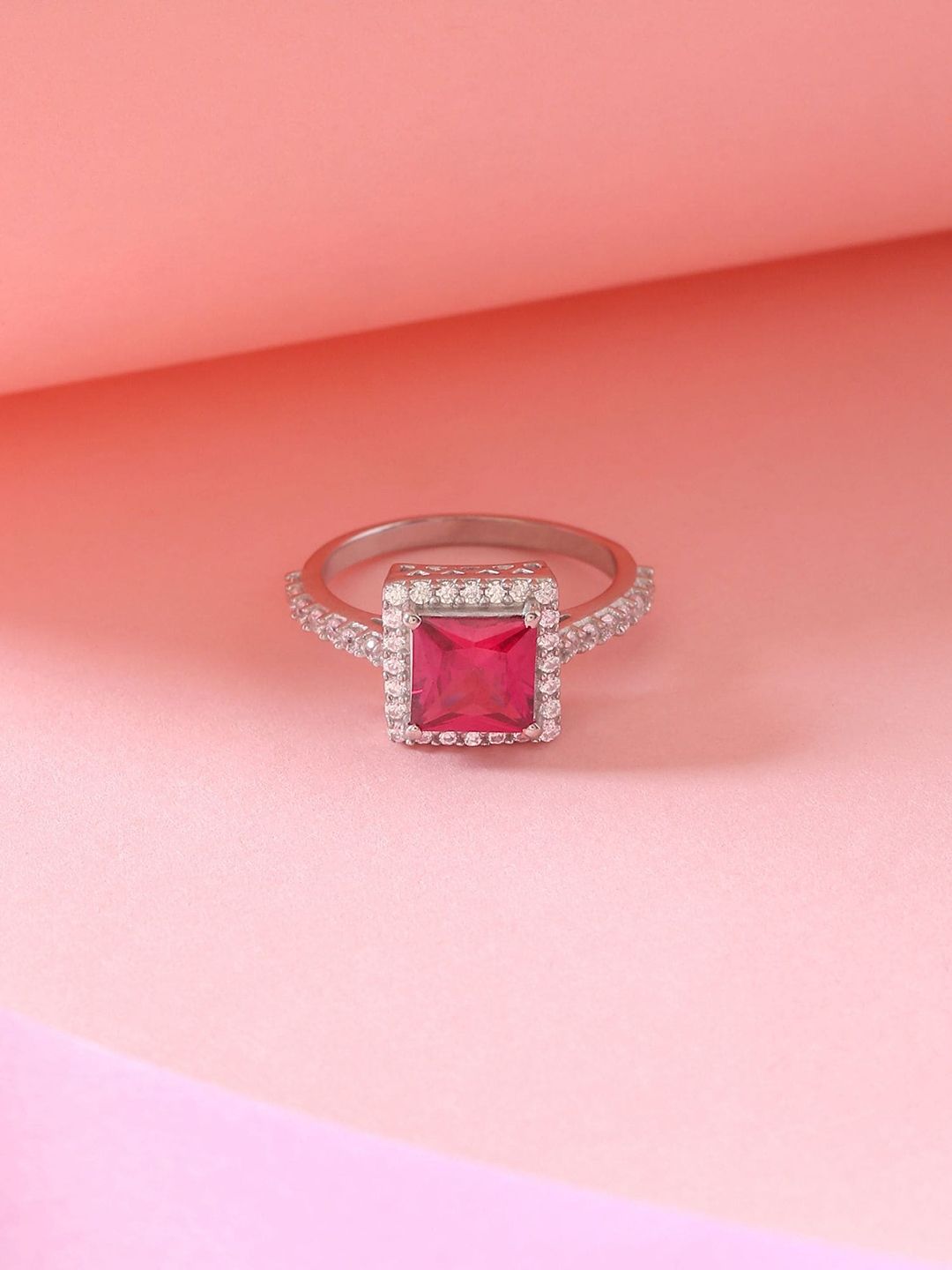 Hiara Jewels 925 Silver Red Square Rhodium Plated Finger Ring Price in India