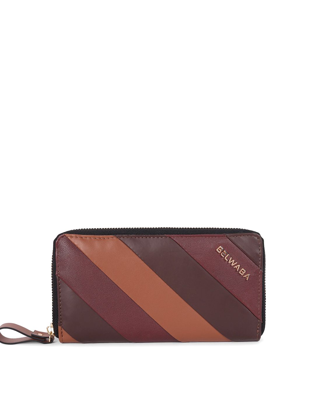 Belwaba Women Brown & Maroon Striped PU Zip Around Wallet Price in India