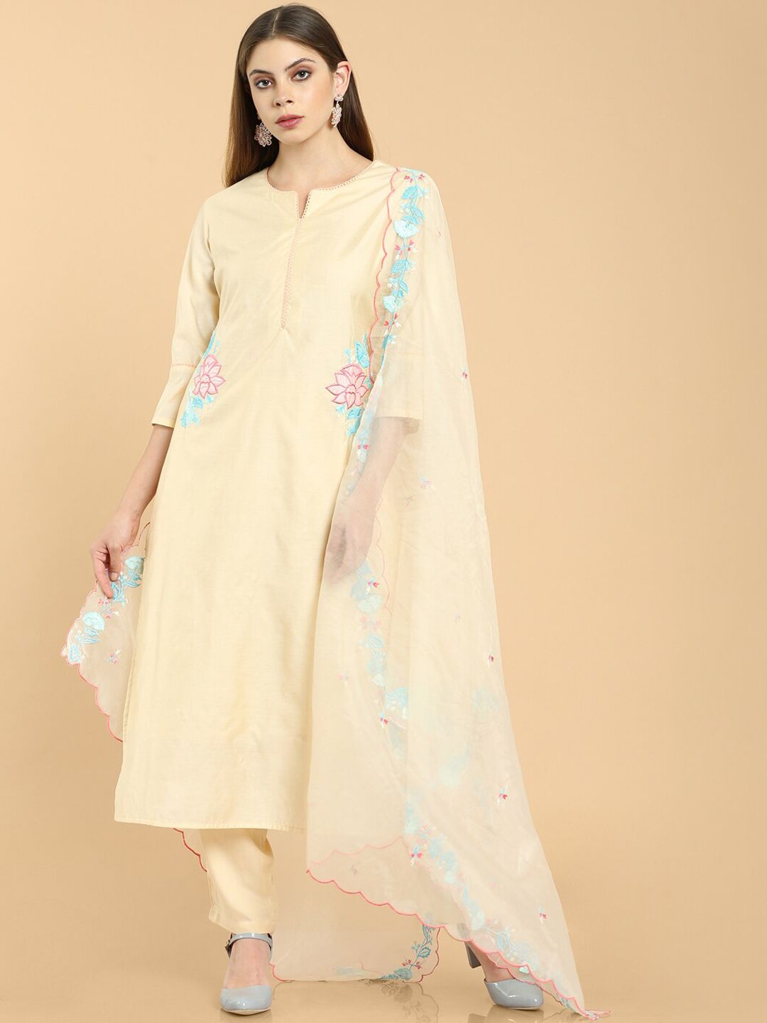 Soch Women Beige & Blue Floral Embroidered Chanderi Kurta with Trousers & With Dupatta Price in India