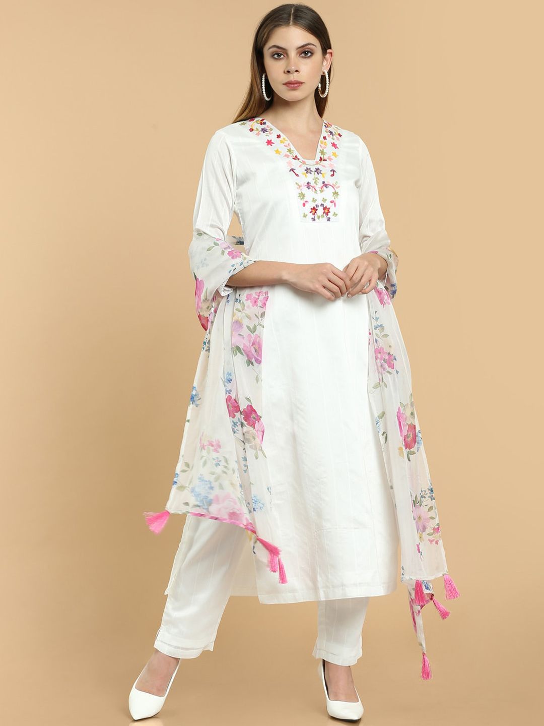 Soch Women Off-White Floral Yoke Design Silk Blend Kurta With Trousers & Dupatta Price in India