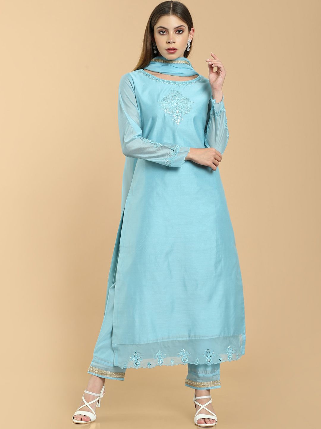 Soch Women Blue Ethnic Motifs Woven Design Chanderi Kurta With Trousers & Dupatta Price in India