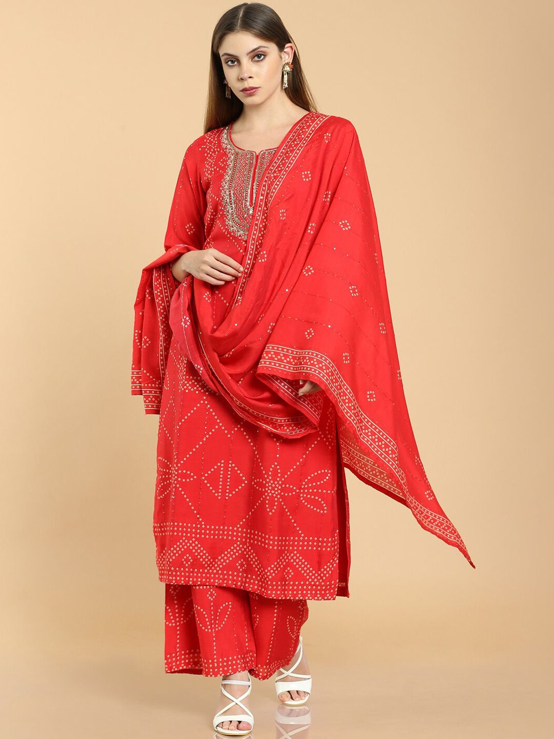 Soch Women Red Ethnic Motifs Printed Muslin Chanderi Kurta With Palazzos & Dupatta Price in India