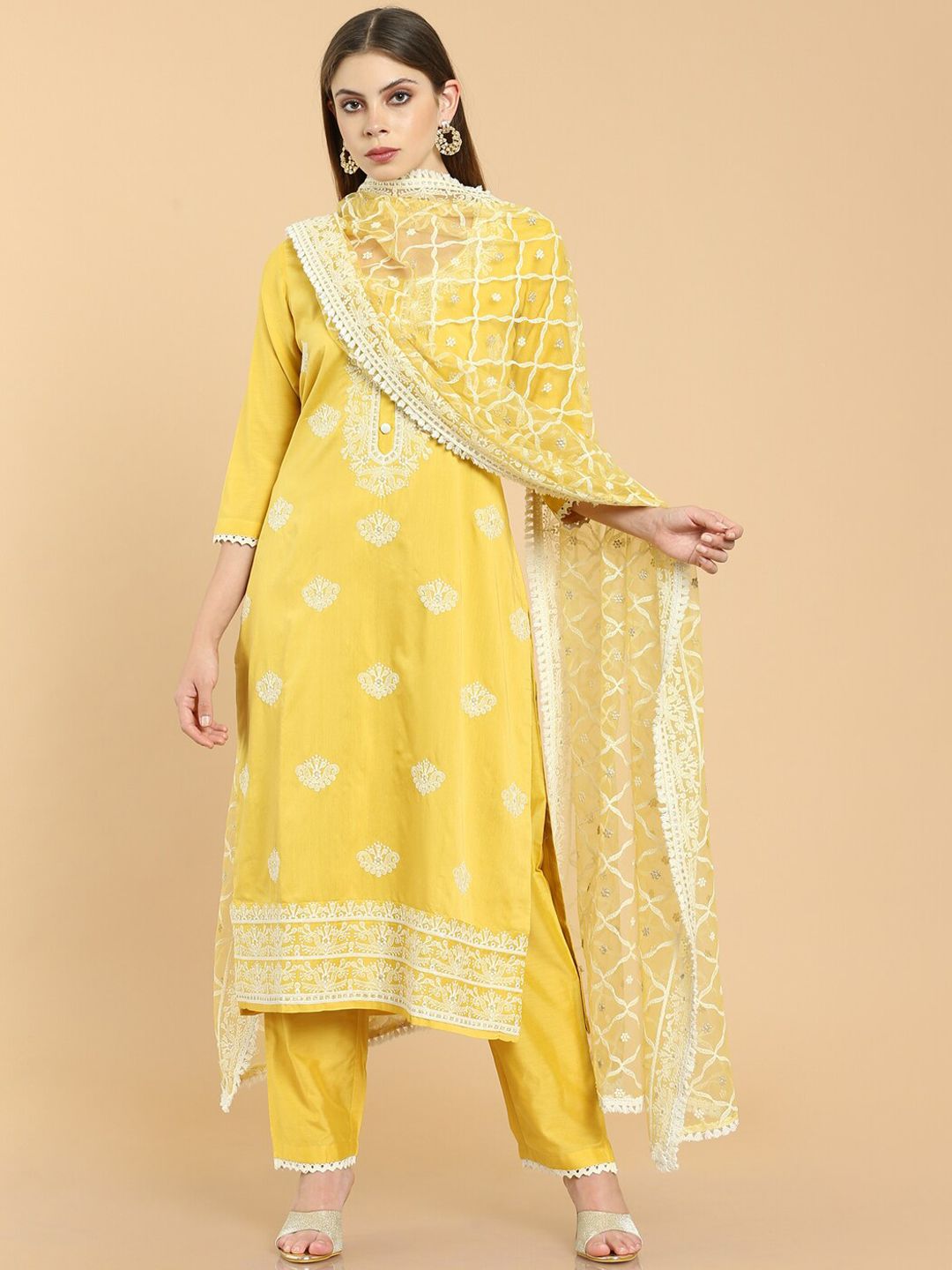 Soch Women Yellow Dyed Panelled Pure Silk Kurti with Salwar & With Dupatta Price in India