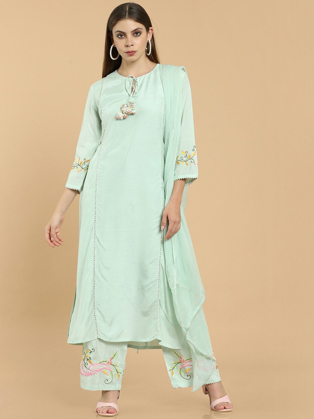 Soch Women Green Embroidered Muslin Kurta with Trousers Price in India