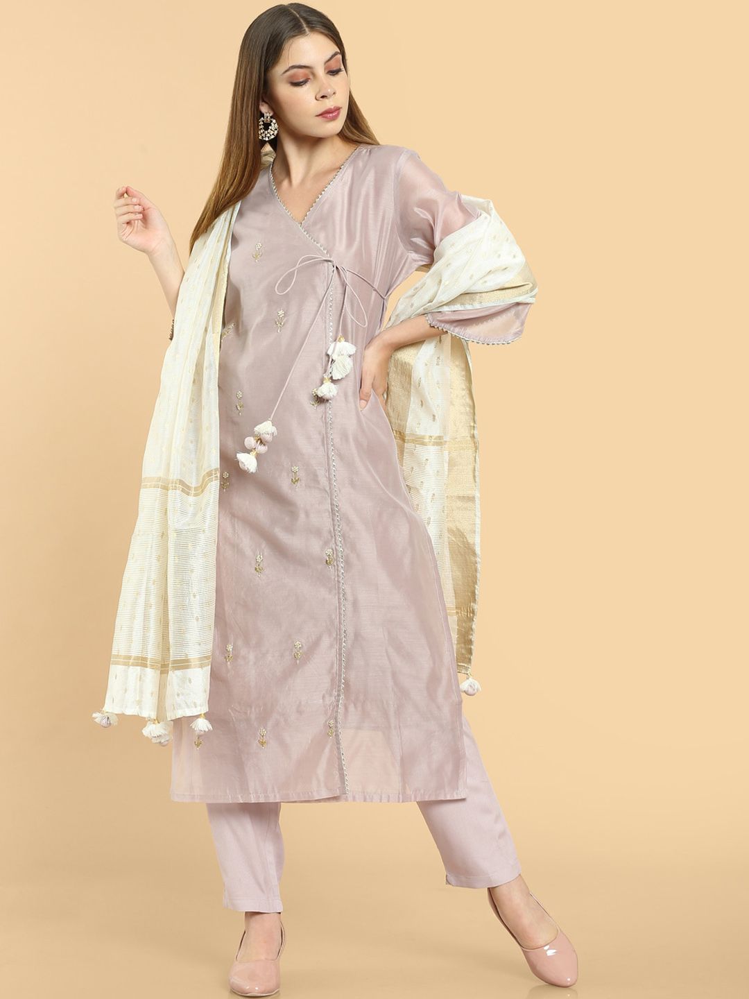 Soch Women Purple Embroidered Angrakha Chanderi Kurta Set Price in India