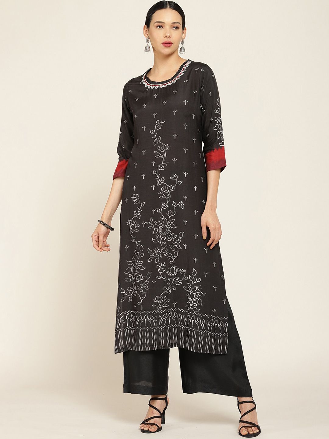 Soch Women Black Bandhni Printed Silk Blend Kurta with Palazzos Price in India