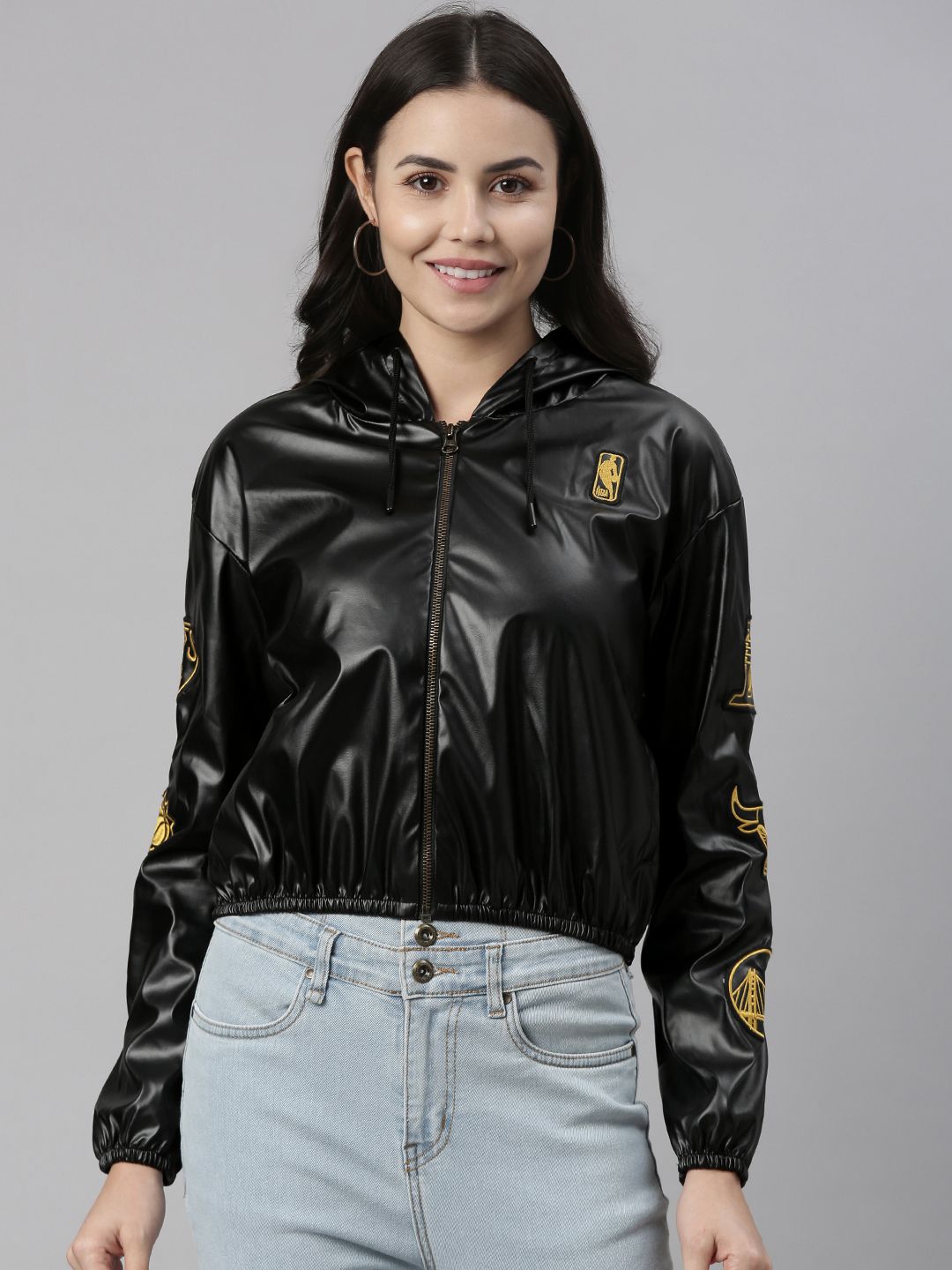 NBA Women Black Solid Faux Leather Cropped Hooded Jacket Price in India