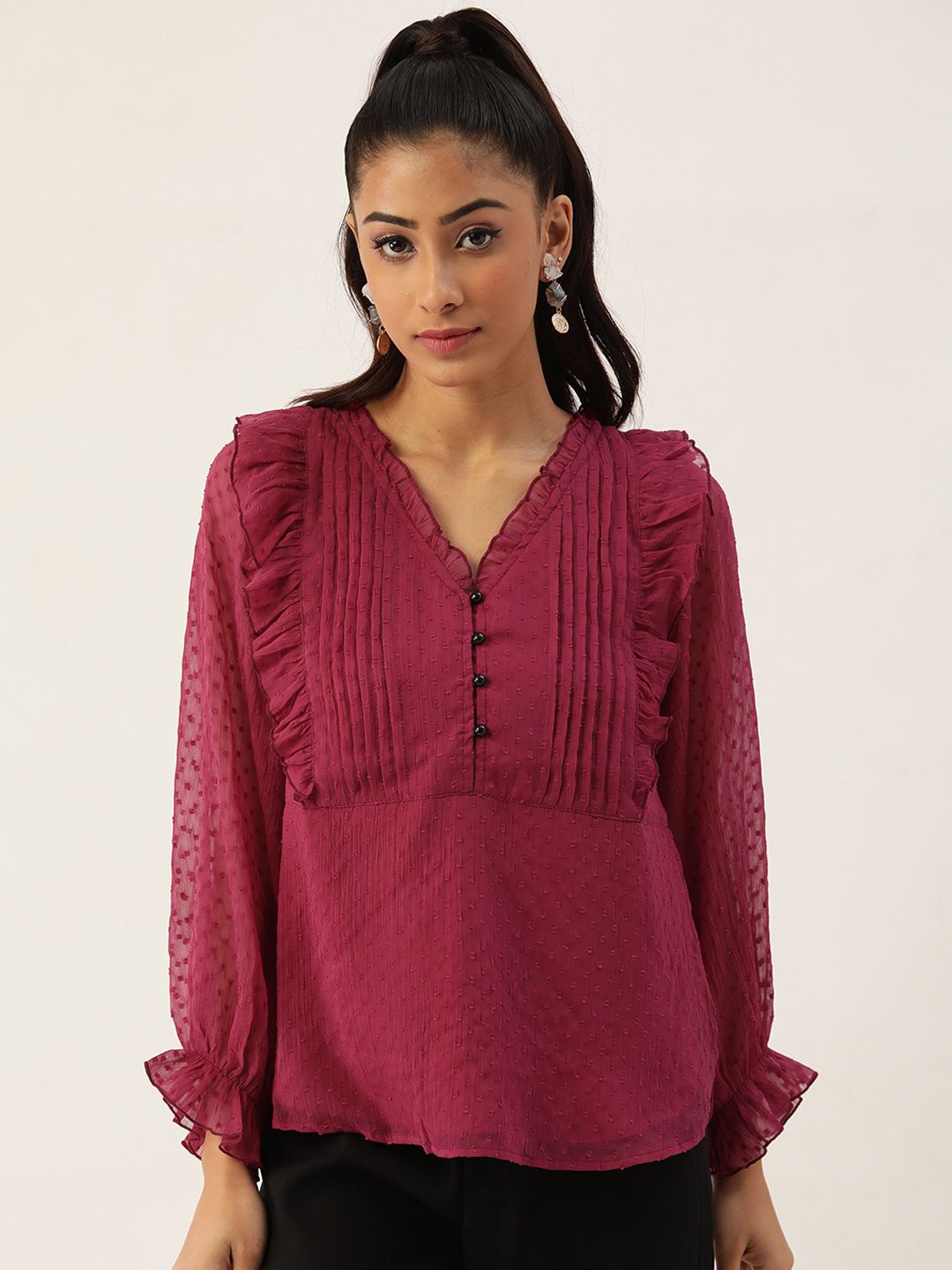 Antheaa Women Red Solid Dobby Ruffles Top Price in India