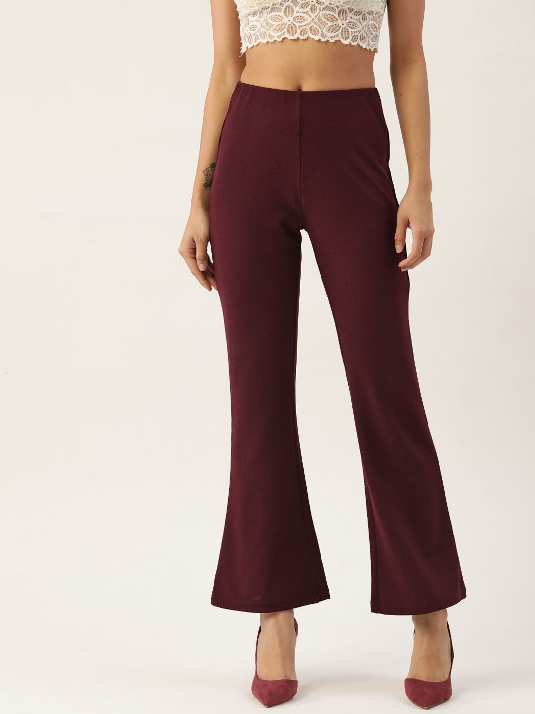 Antheaa Women Maroon Solid Flared Trousers Price in India