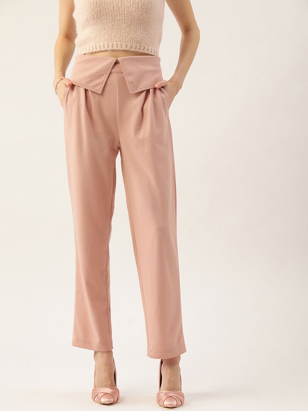 Antheaa Women Dusty Pink Textured Flared High-Rise Trousers Price in India