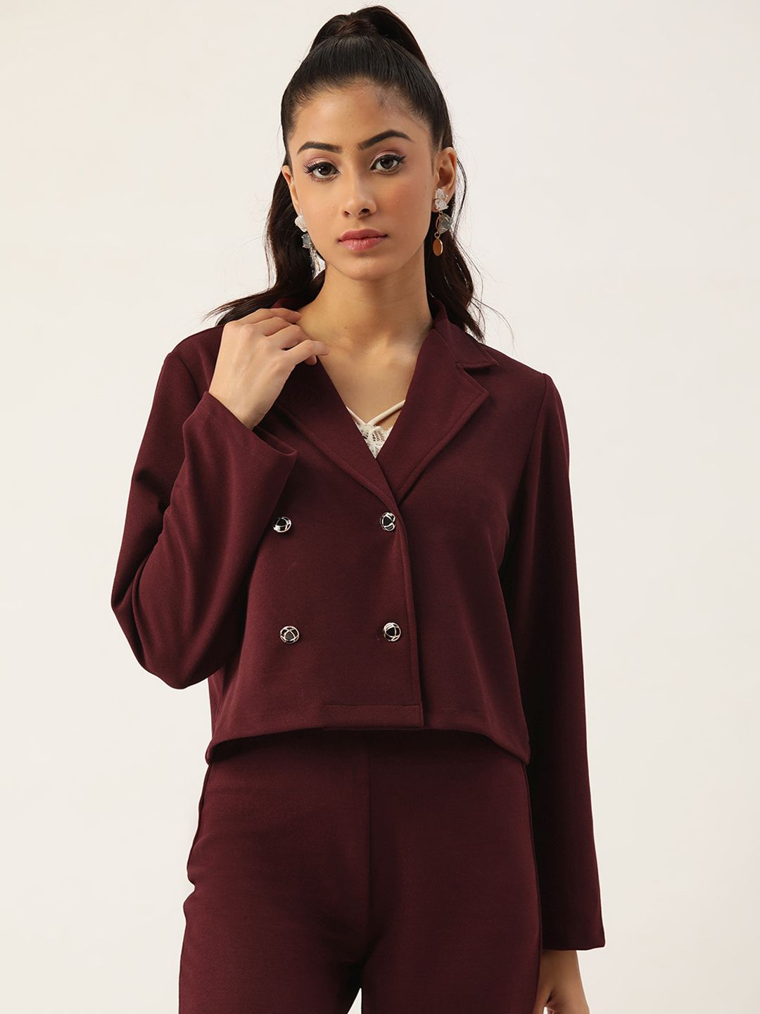 Antheaa Women Burgundy Solid Double Breasted Casual Blazer Price in India