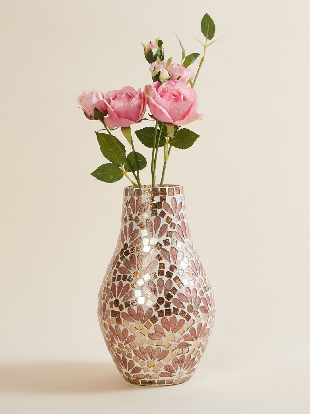 Home Centre Brown & White Mable Teardrop Printed Glass Mosaic Vase Price in India
