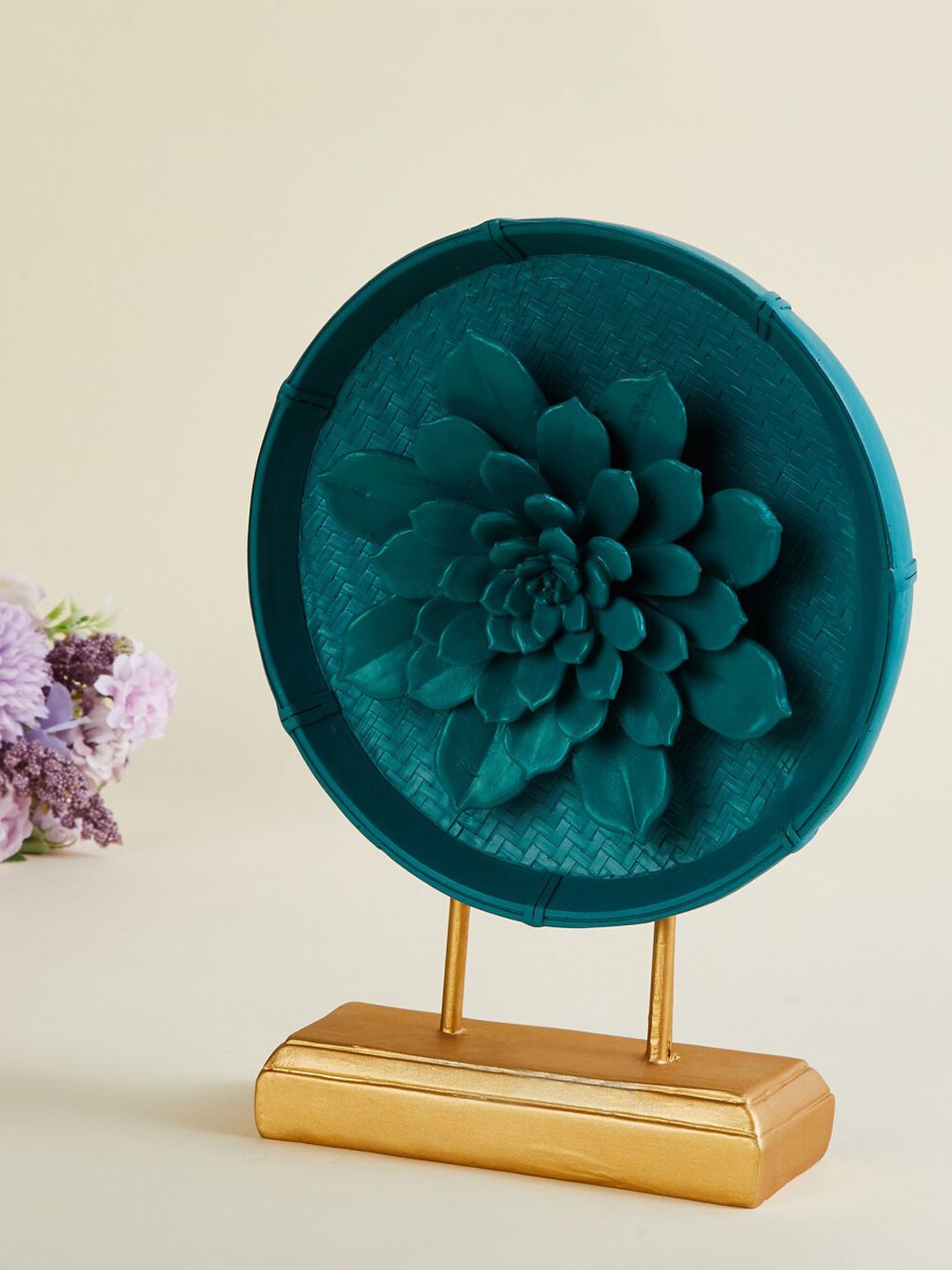 Home Centre Teal-Blue Textured Floral Embossed Ceramic Table Accent Showpiece Price in India