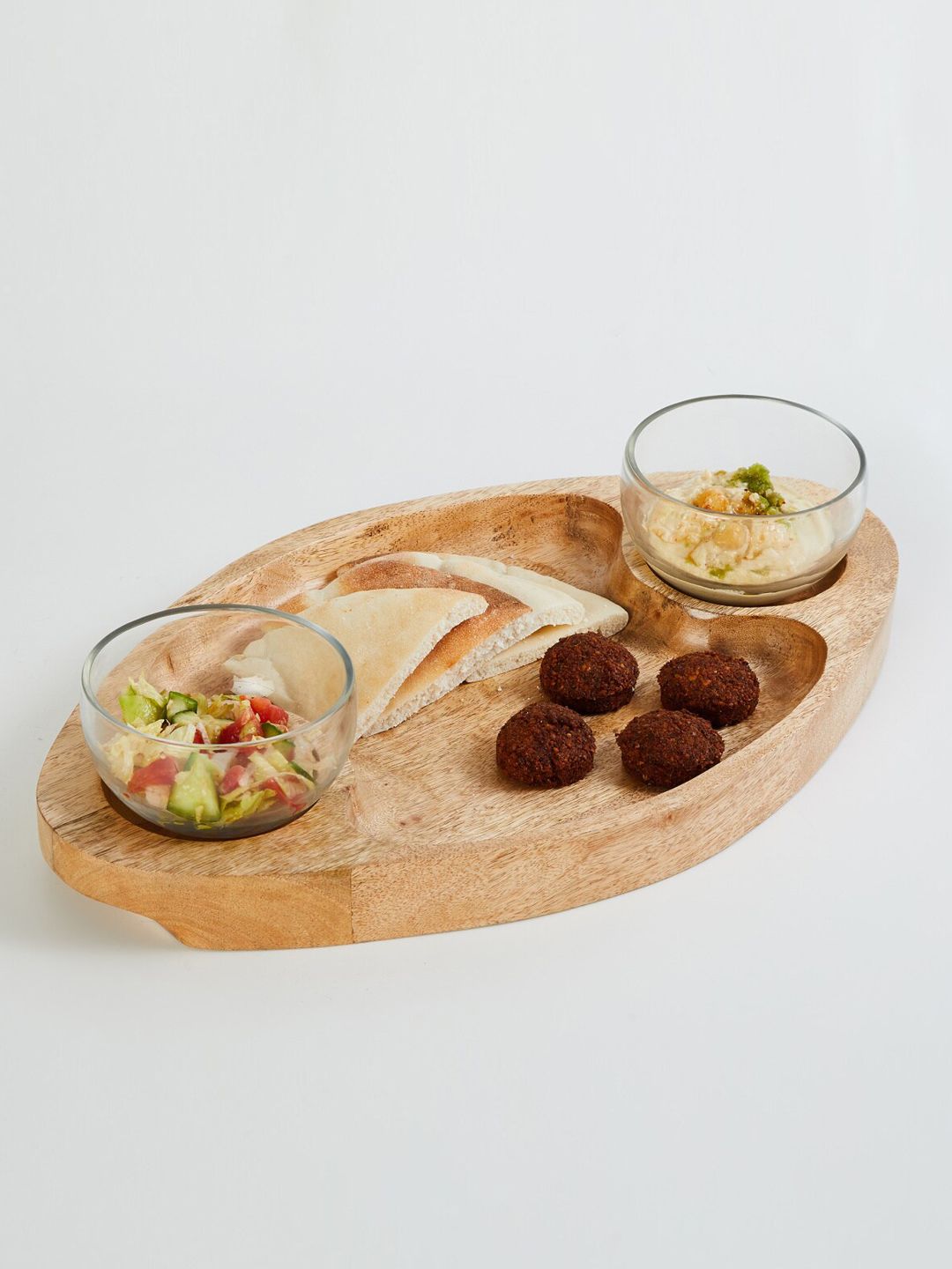 Home Centre 3 Pieces Beige Solid Wooden Mirage Chip and Dip Tray with Bowls Price in India