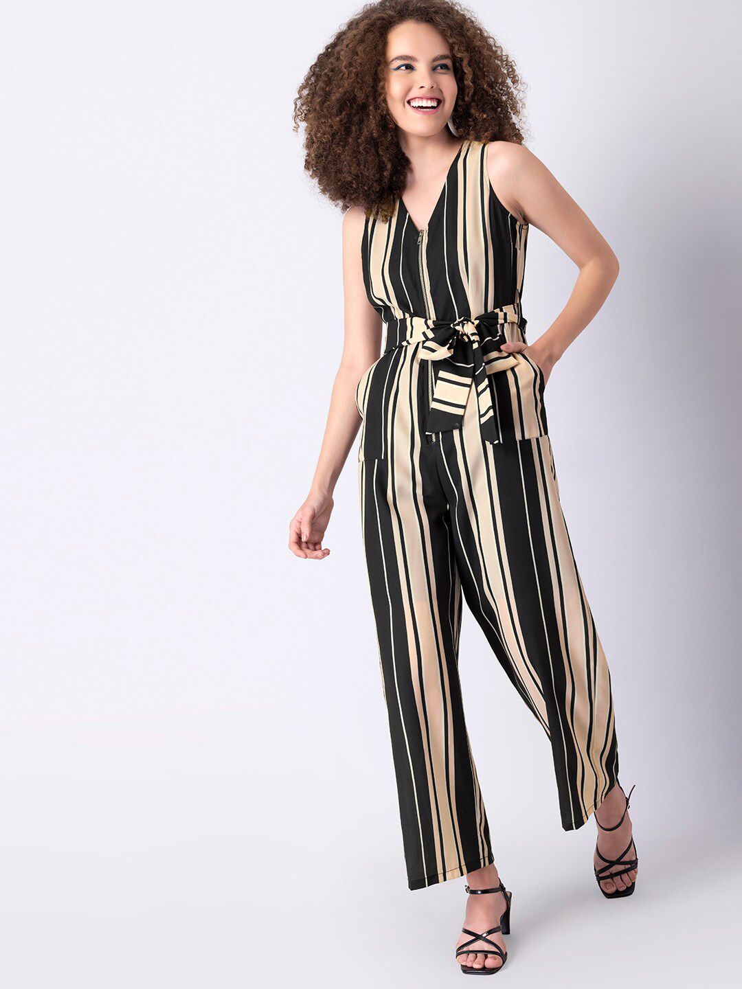 FabAlley Black & Peach Striped Basic Jumpsuit Price in India