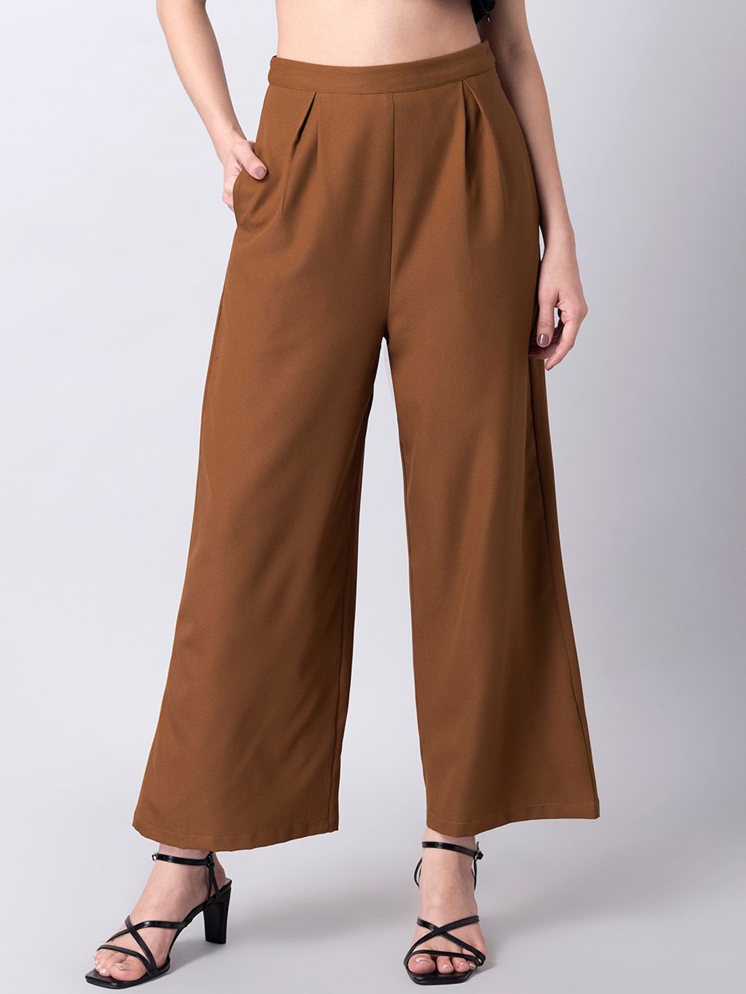 FabAlley Women Brown High-Rise Pleated Trousers Price in India