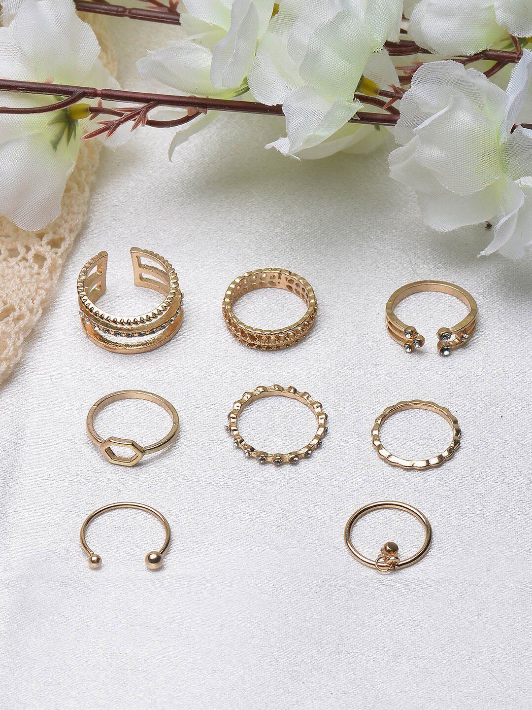 POPLINSSet of 8 Gold-Plated White Stone-Studded Finger Rings Price in India