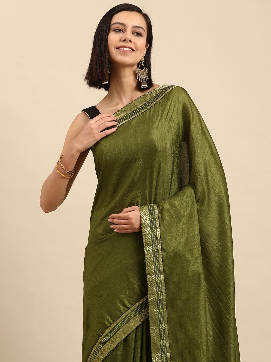 Anouk Green Solid Saree with Woven Design Border