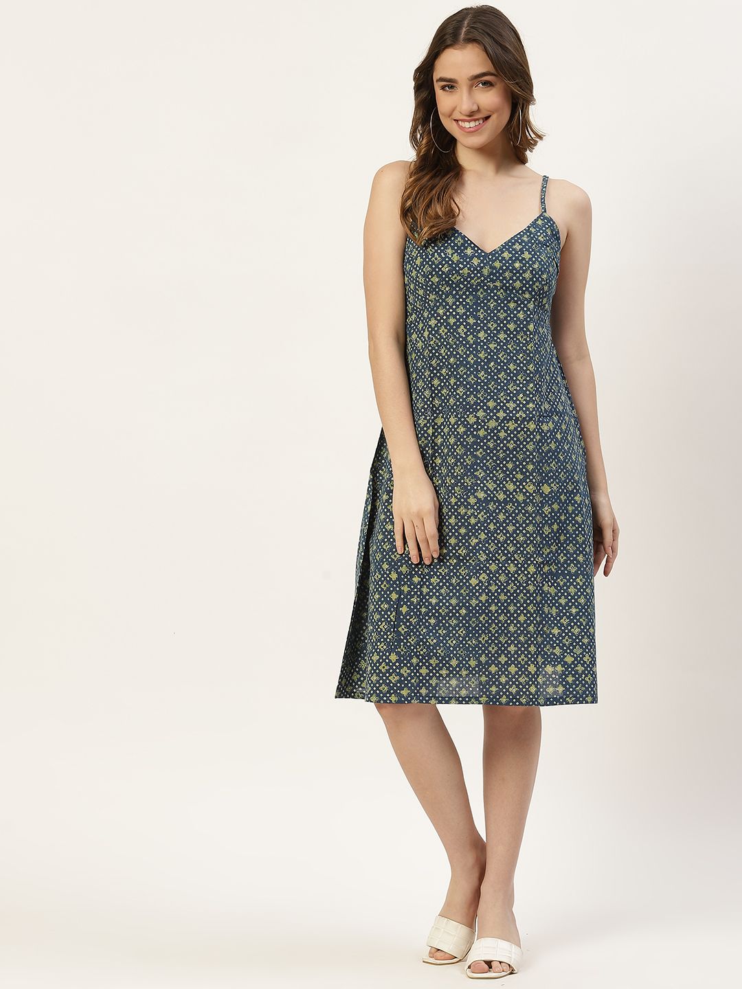 Molcha Navy Blue & Green Printed Cotton A-Line Dress Price in India