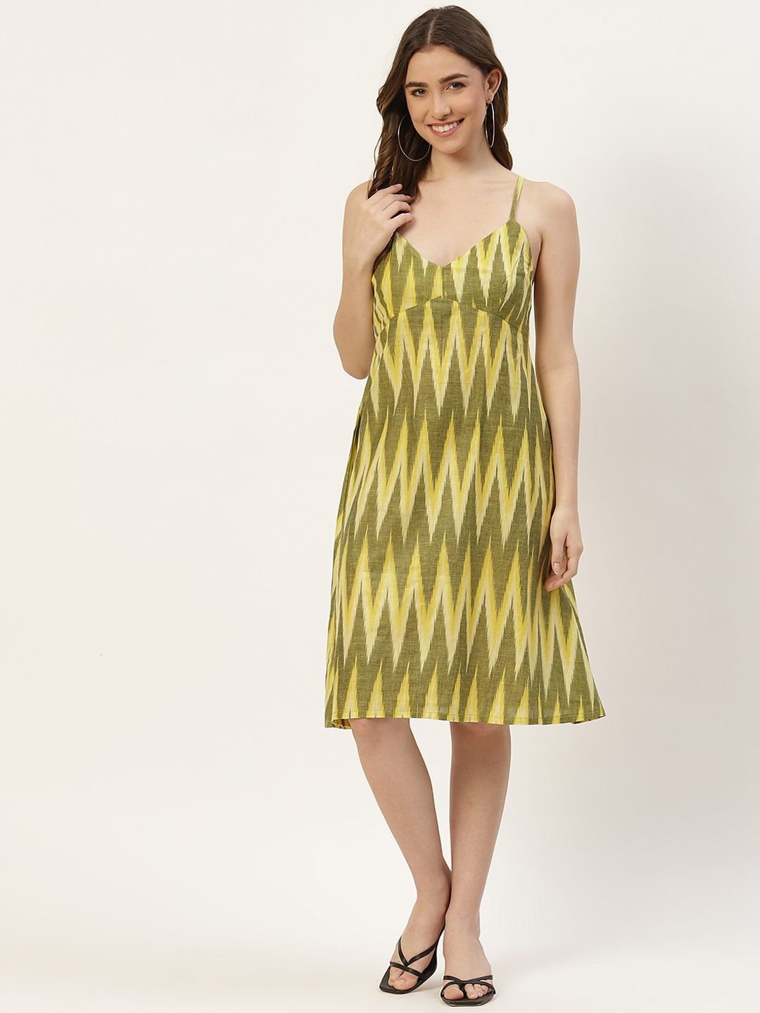 Molcha Yellow & Olive Green Geometric Design Cotton A-Line Dress Price in India