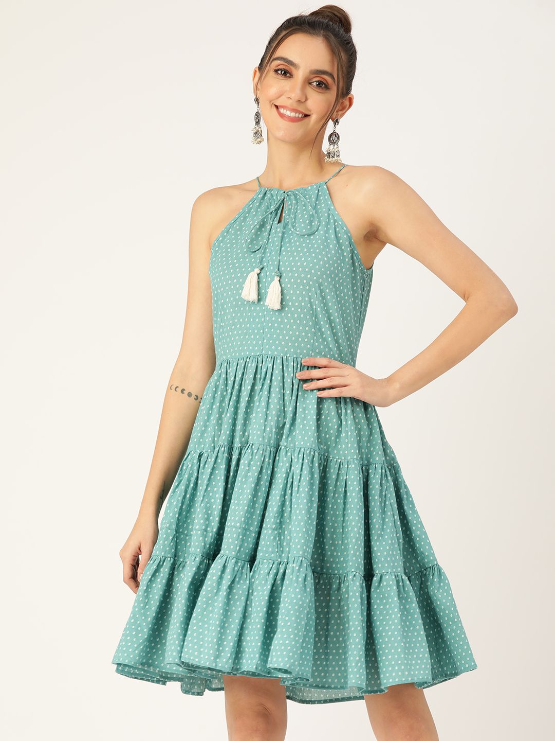 Molcha Sea Green Cotton Printed Tiered A-Line Dress Price in India