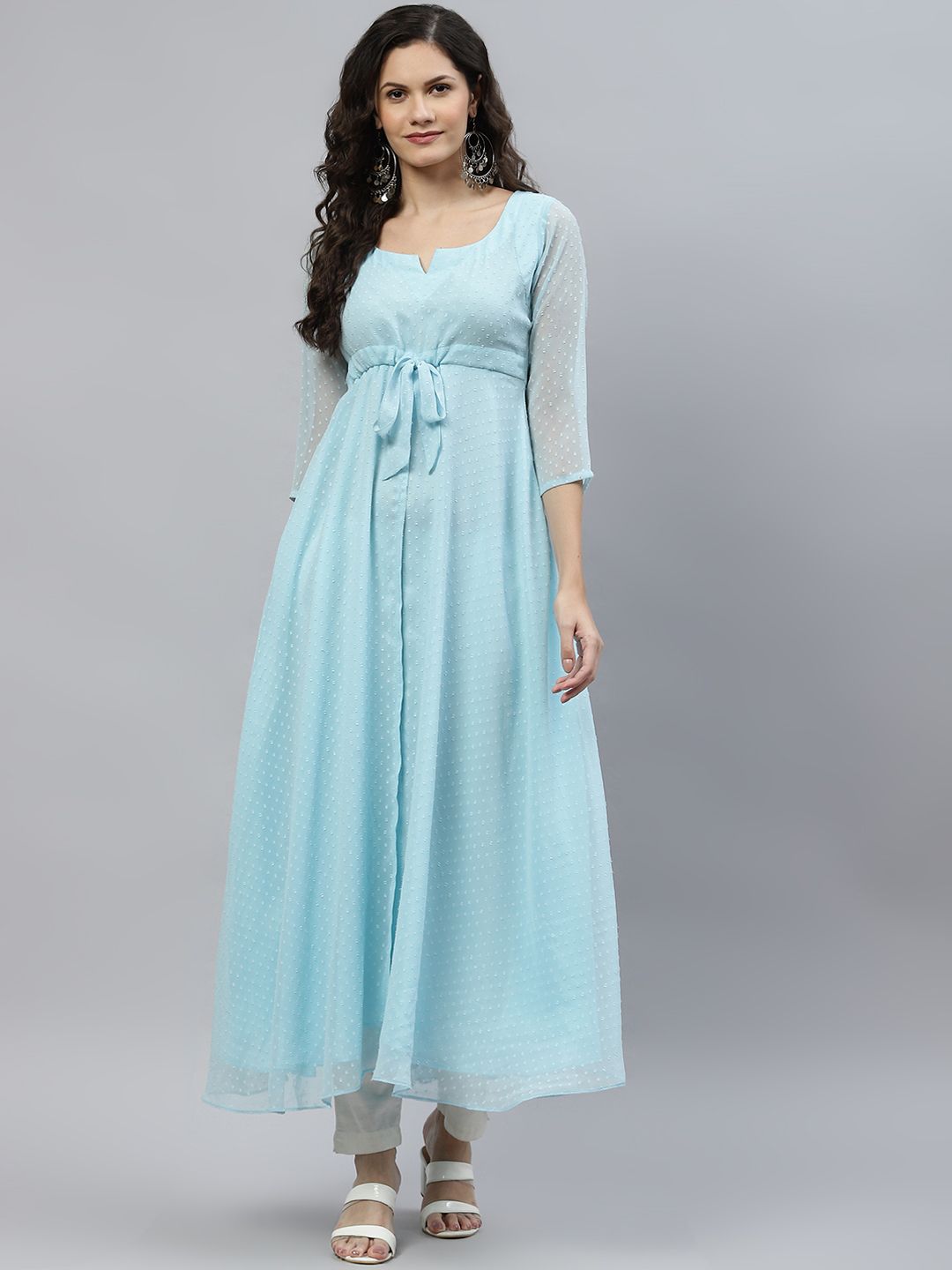 MBE Women Turquoise Blue Dobby Woven Design Anarkali Kurta