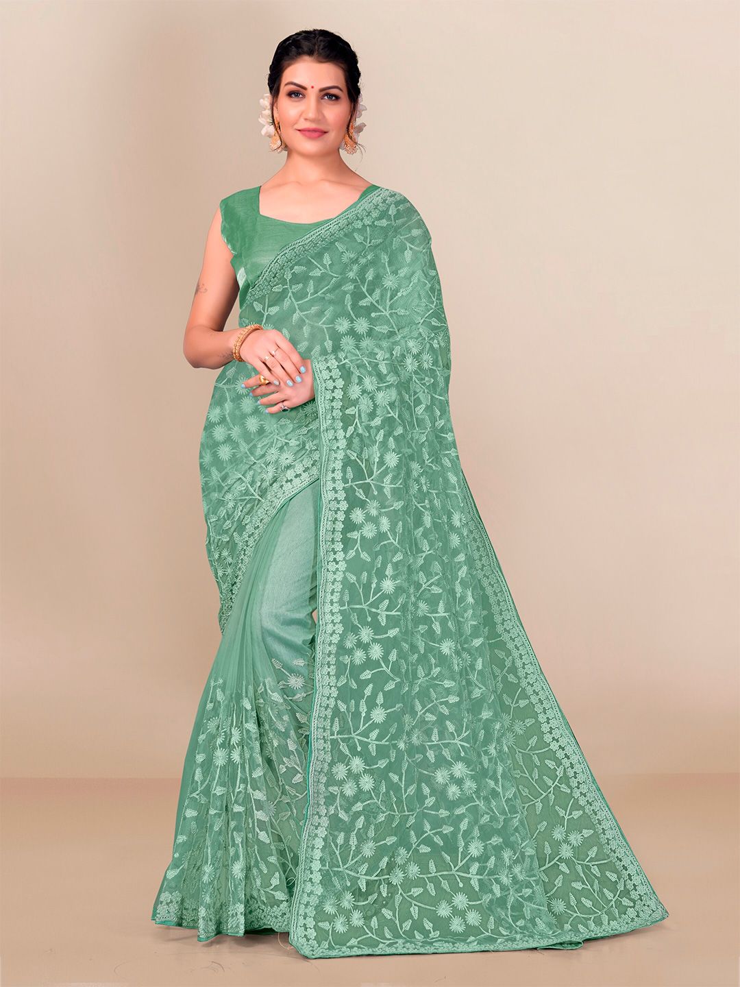 VAIRAGEE Sea Green Floral Embroidered Net Saree Price in India