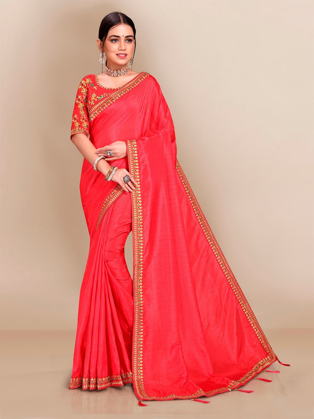 VAIRAGEE Pink & Gold-Toned Embroidered Designer Saree Price in India