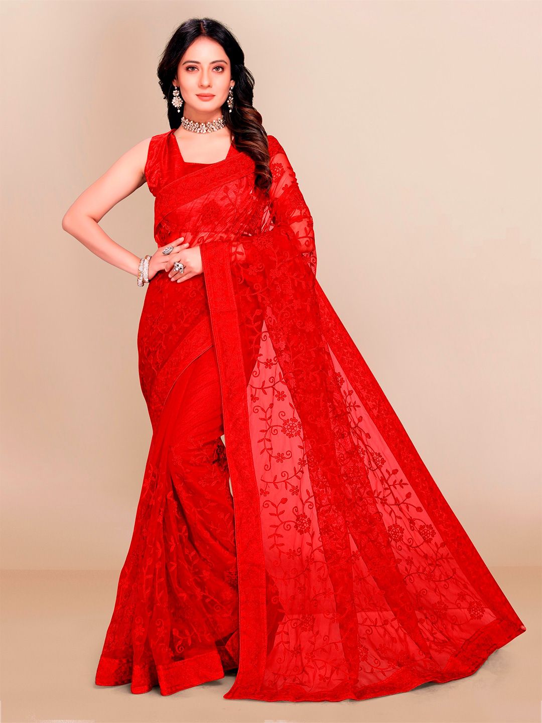 VAIRAGEE Red Floral Embroidered Net Saree Price in India