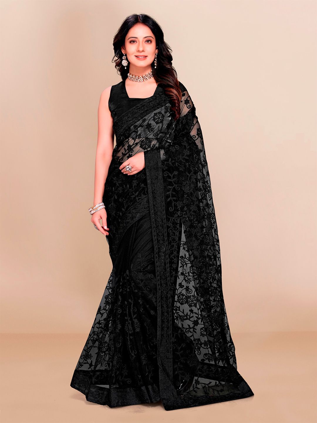VAIRAGEE Black Floral Embroidered Net Saree Price in India