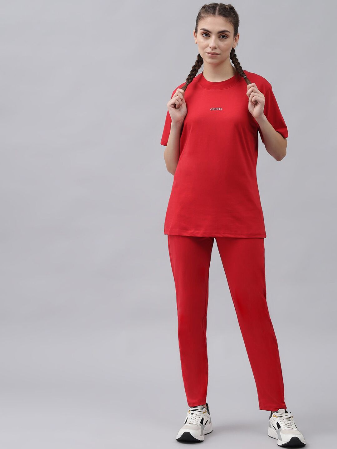 GRIFFEL Women Red Solid Pure Cotton Athleisure Tracksuit Price in India