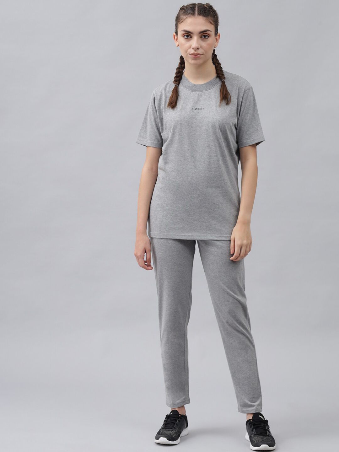 GRIFFEL Women Grey Solid Pure Cotton Athleisure Tracksuit Price in India