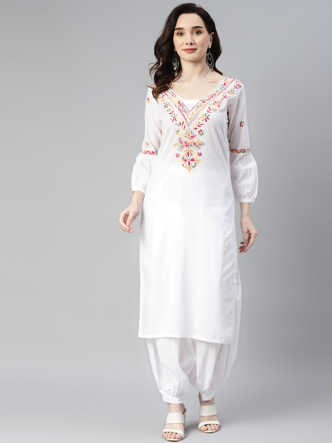 SHADES Women White Pure Cotton Ethnic Motifs Embroidered Chikankari Kurta with Salwar Price in India