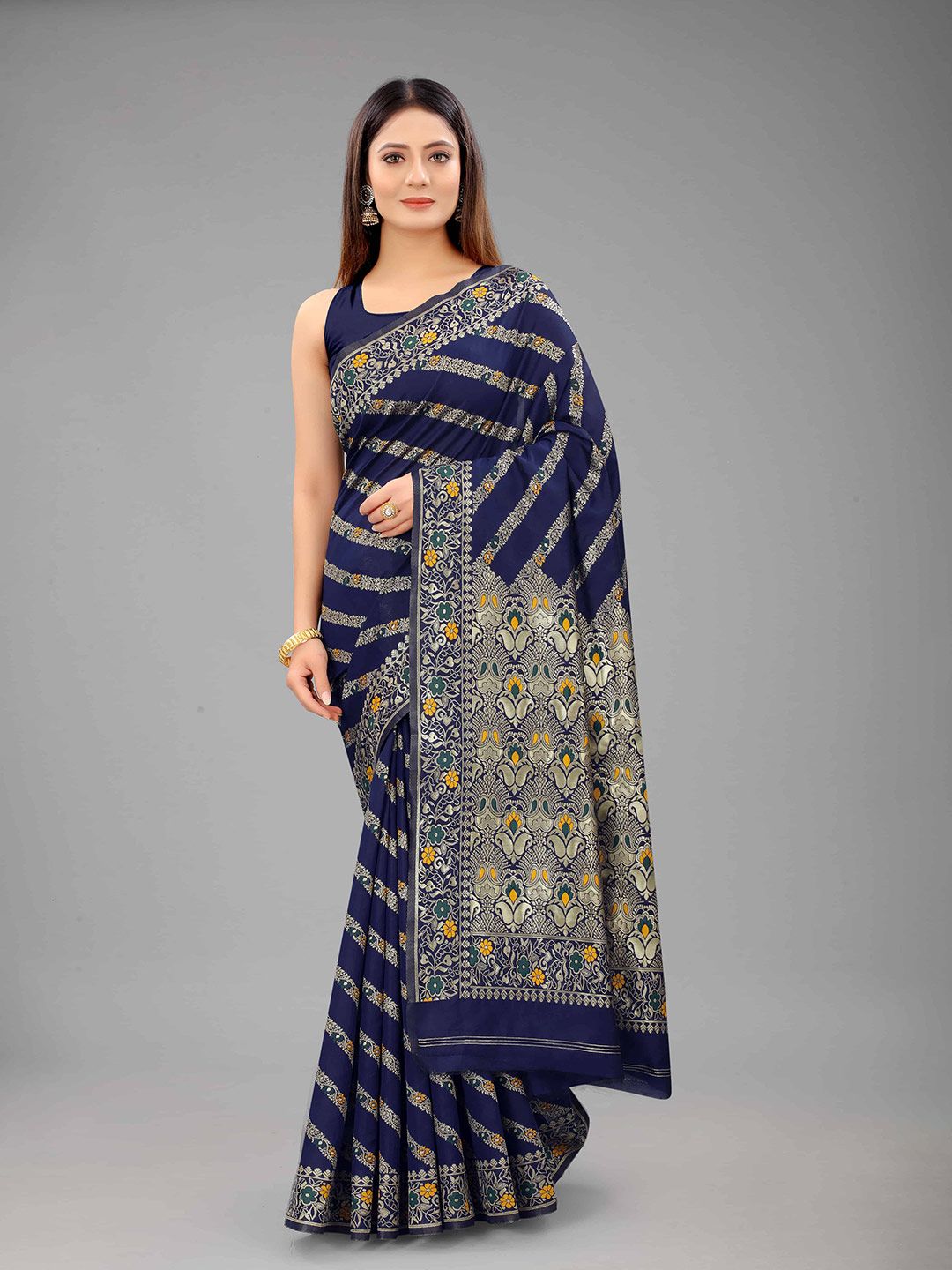 Silk Land Navy Blue Ethnic Motifs Zari Pure Silk Banarasi Saree