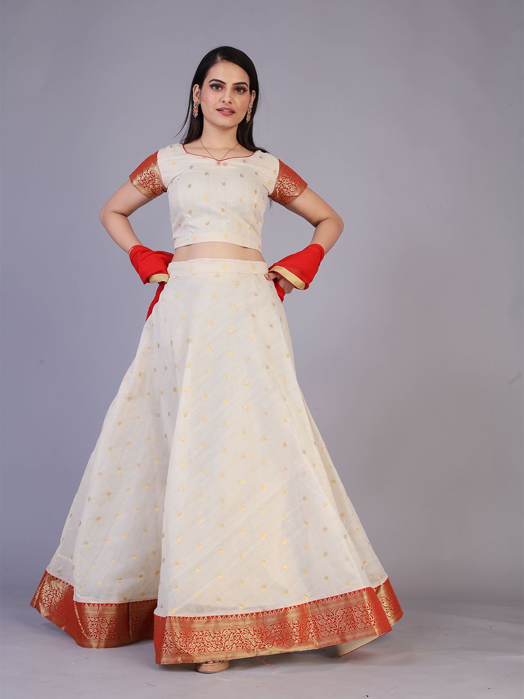 PRENEA Off White & Red Ready to Wear Lehenga & Blouse With Dupatta Price in India