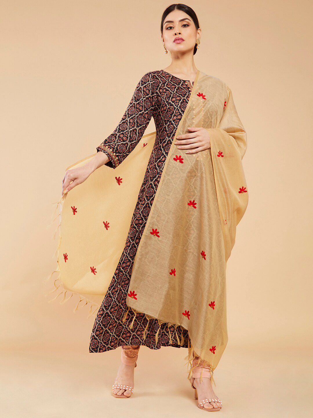 Soch Beige & Red Embroidered Pure Cotton Dupatta Price in India