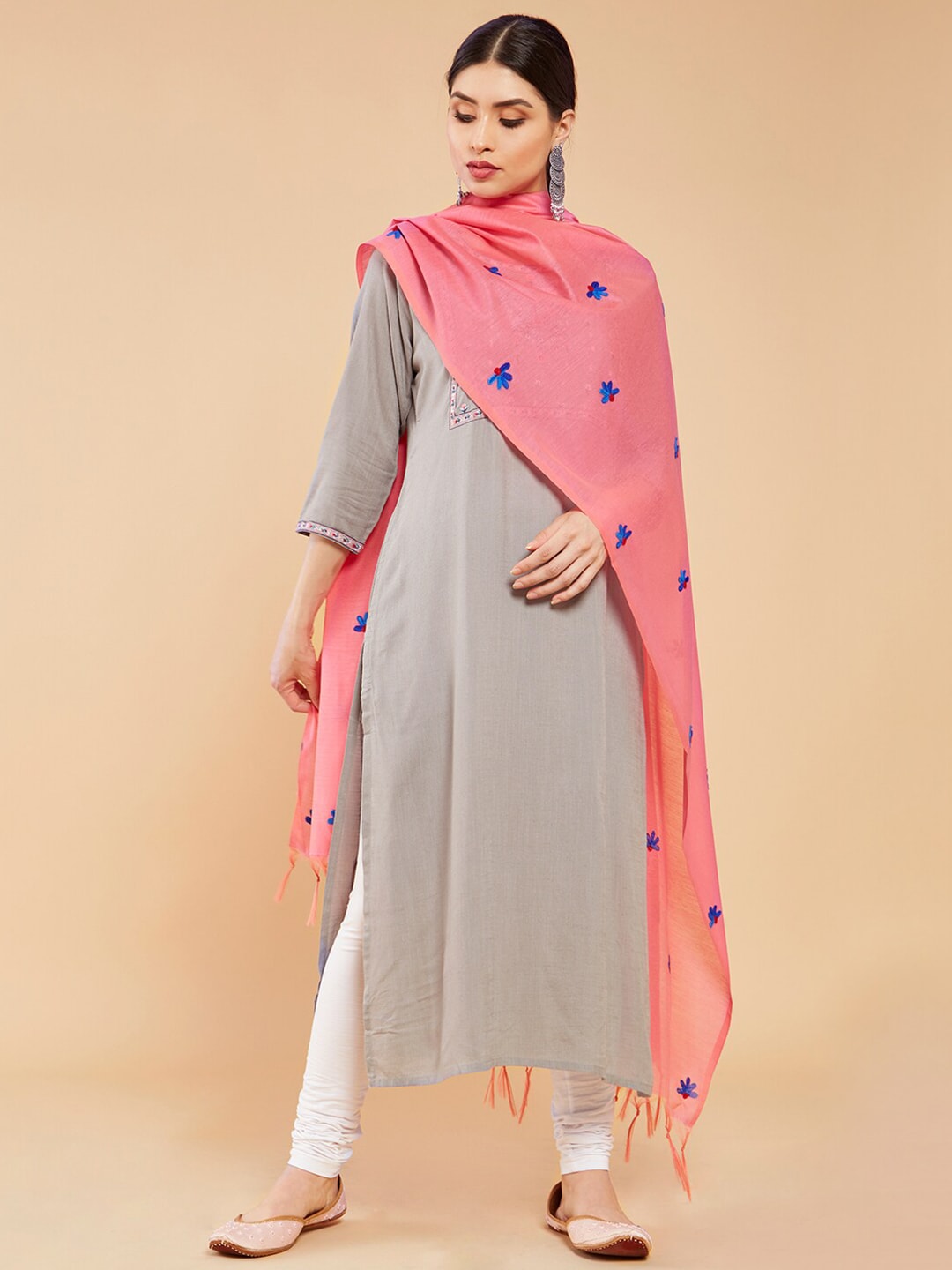 Soch Pink & Blue Embroidered Pure Cotton Dupatta Price in India