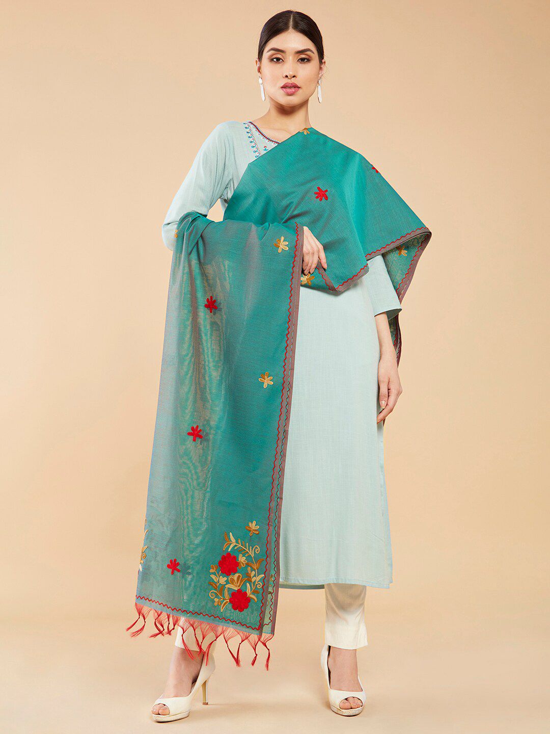 Soch Green & Red Embroidered Pure Cotton Dupatta Price in India