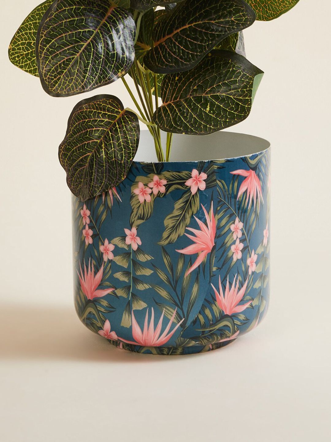 Home Centre Blue & Pink Tropical Printed Metal Planter Price in India