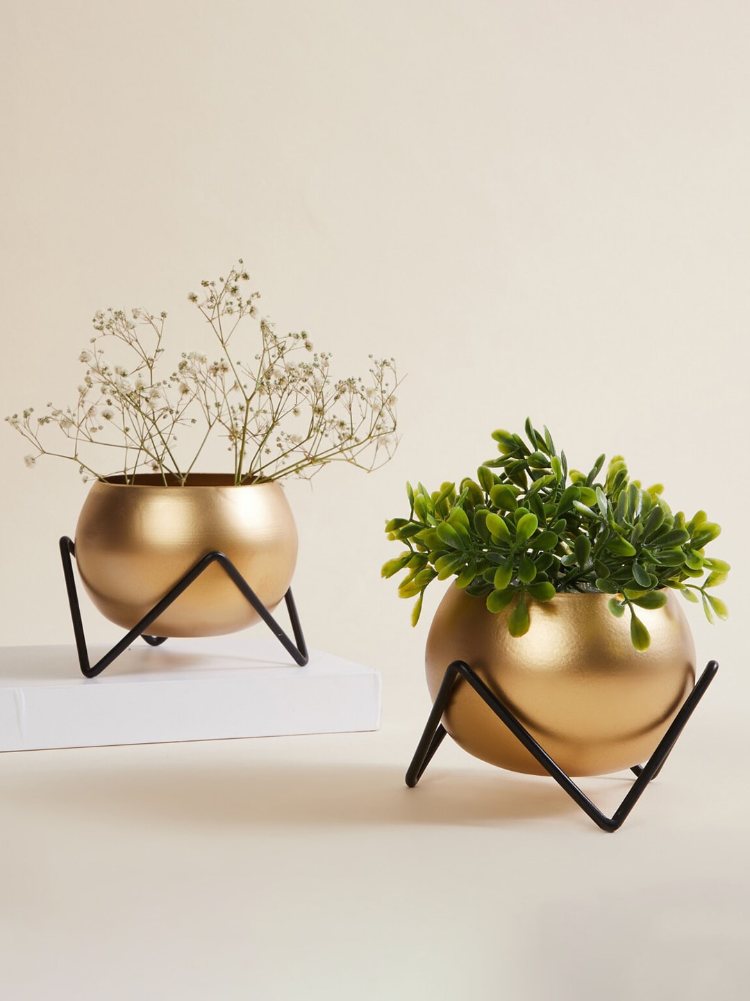 Home Centre Set of 2 Gold-Toned Solid Metal Planter With Stand Price in India