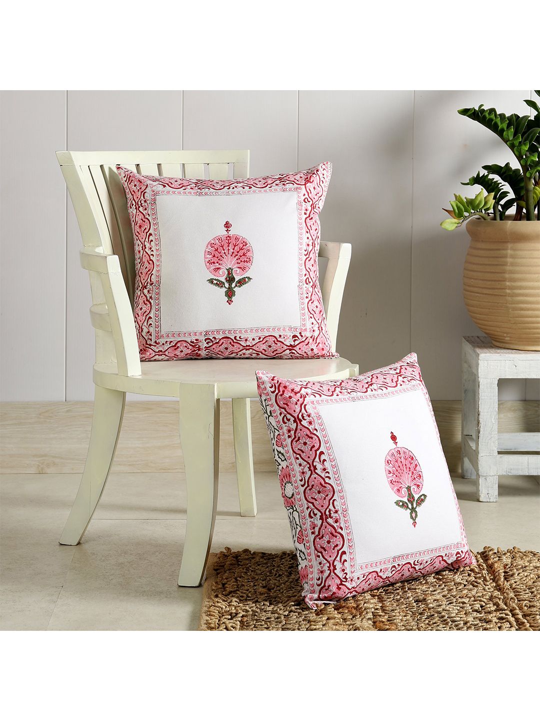 HANDICRAFT PALACE Pink & White Set of 2 Floral Square Cushion Covers Price in India