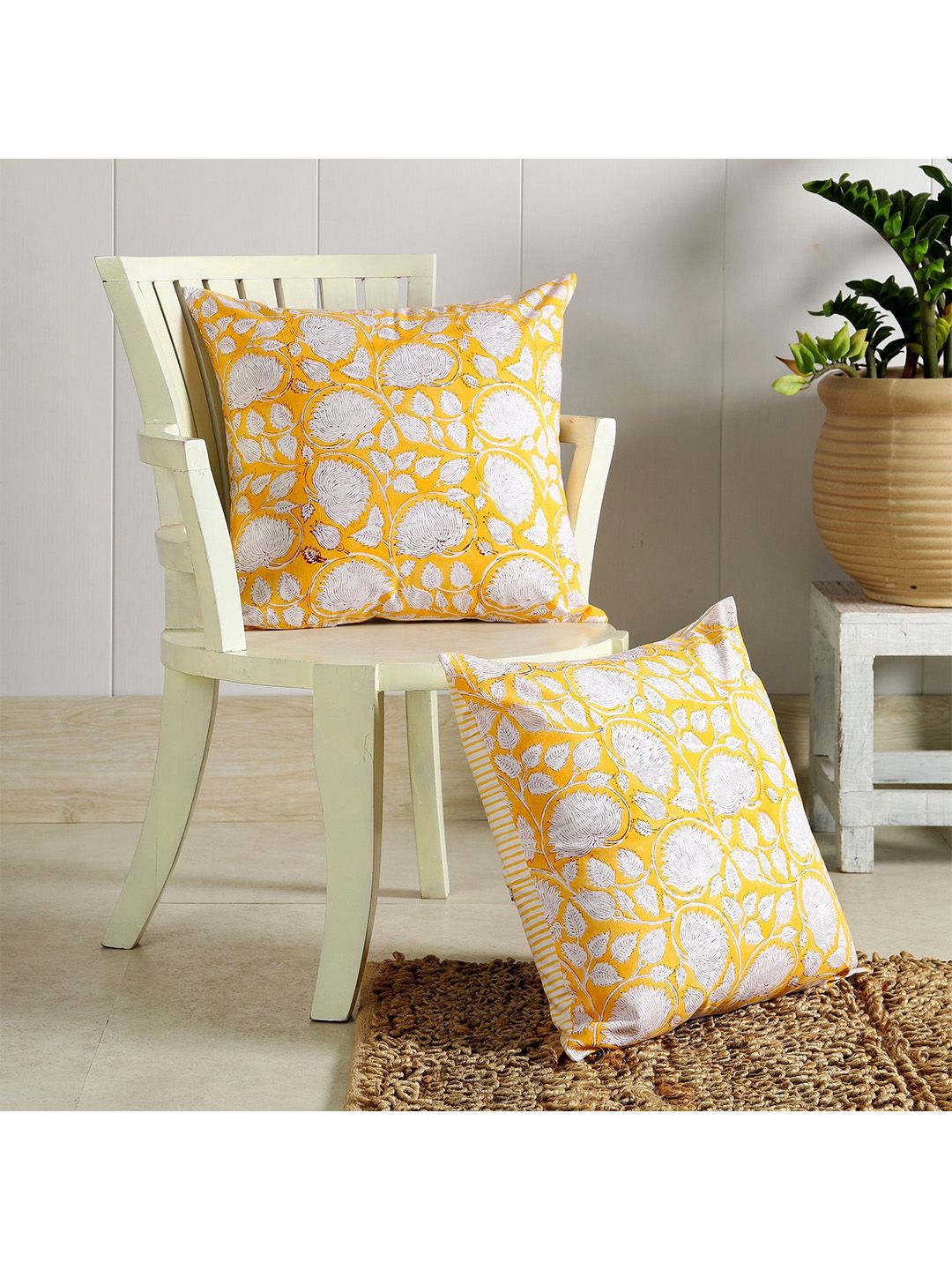 HANDICRAFT PALACE Yellow & White Set of 2 Square Cushion Covers Price in India