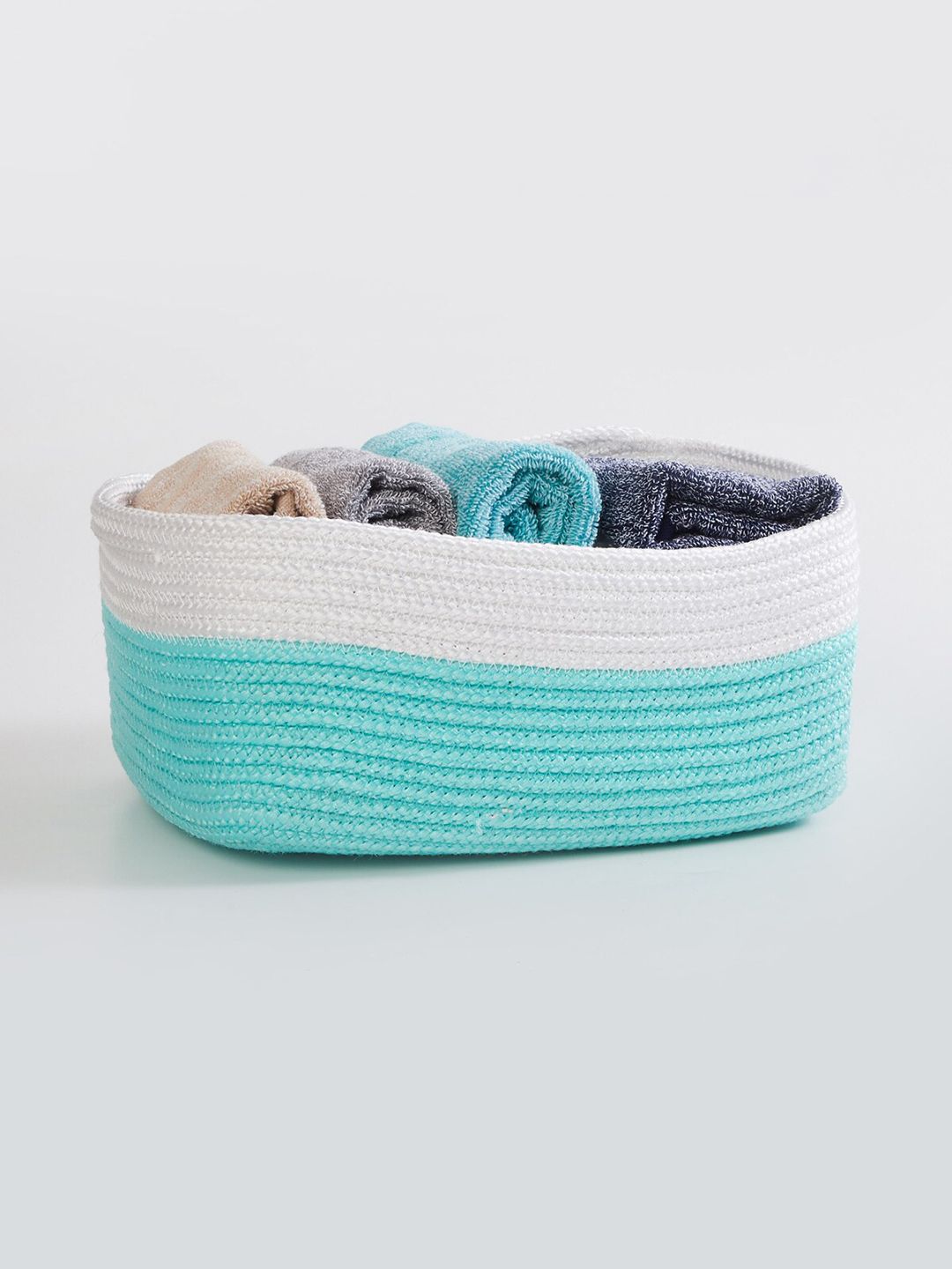 Home Centre Teal Blue & White Colourblocked Braided Laundry Basket Price in India
